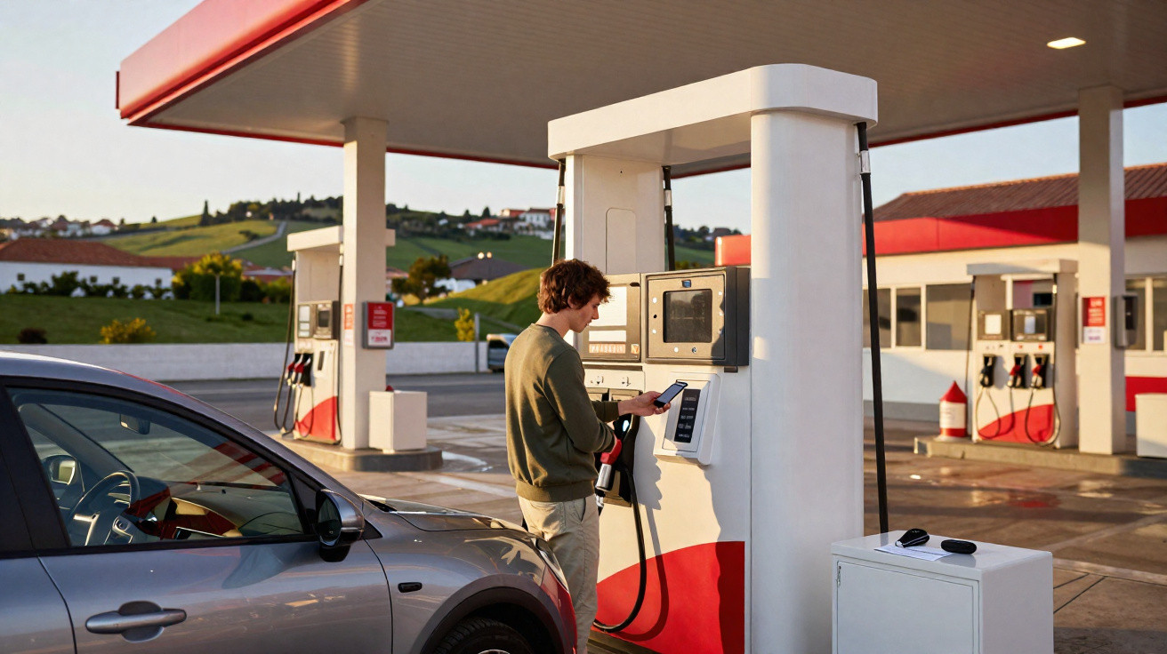 Mann tankt Auto an moderner Zapfsäule an einer Tankstelle bei Sonnenuntergang in ländlicher Umgebung.
