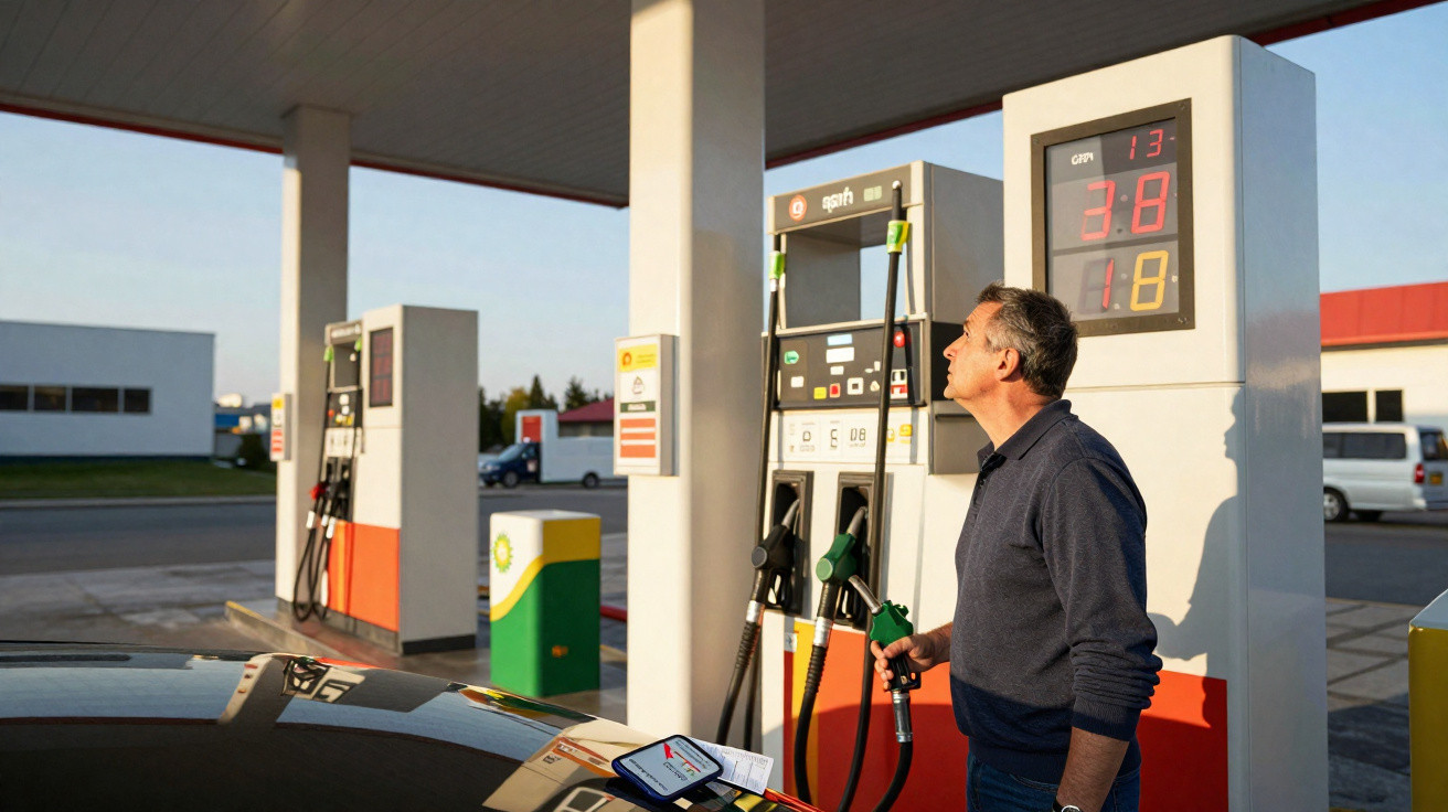 Mann tankt Auto an Zapfsäule einer Tankstelle im Sonnenlicht am späten Nachmittag.