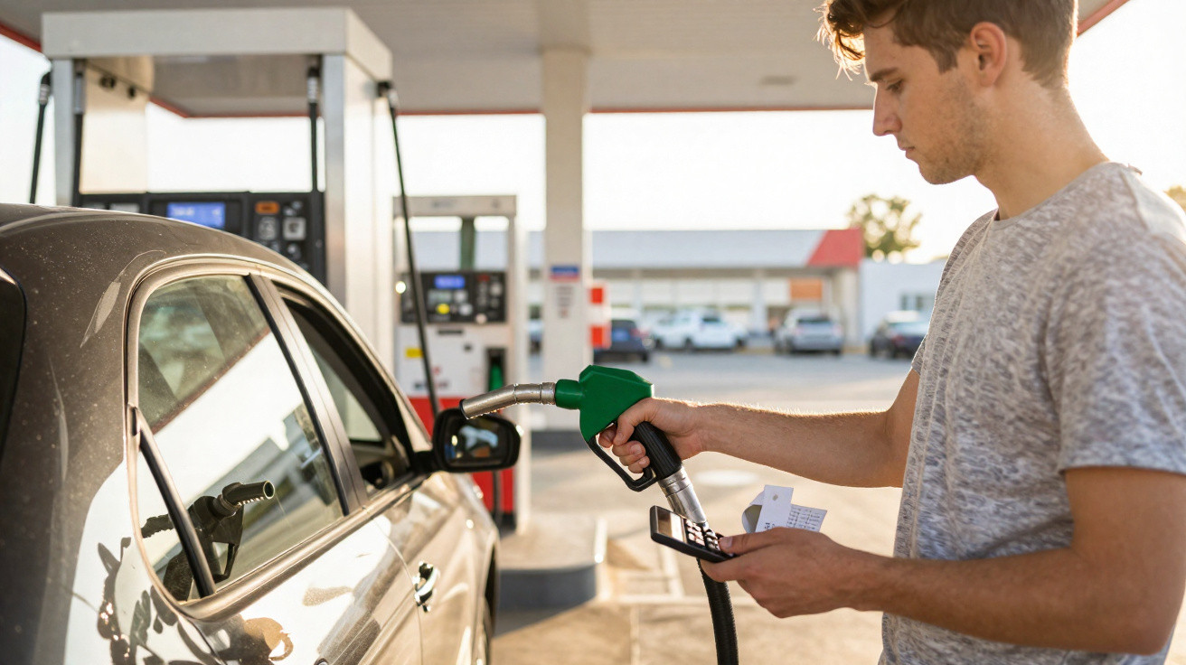 Junger Mann betankt Auto an Zapfsäule und nutzt Taschenrechner an Tankstelle.