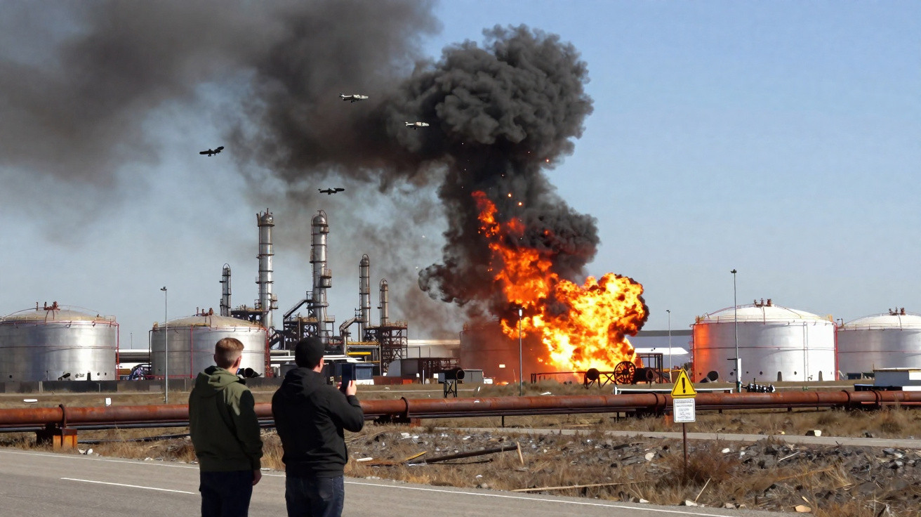 Großes Feuer und Rauch an einer Industrieanlage mit zwei Personen, die das Geschehen fotografieren.