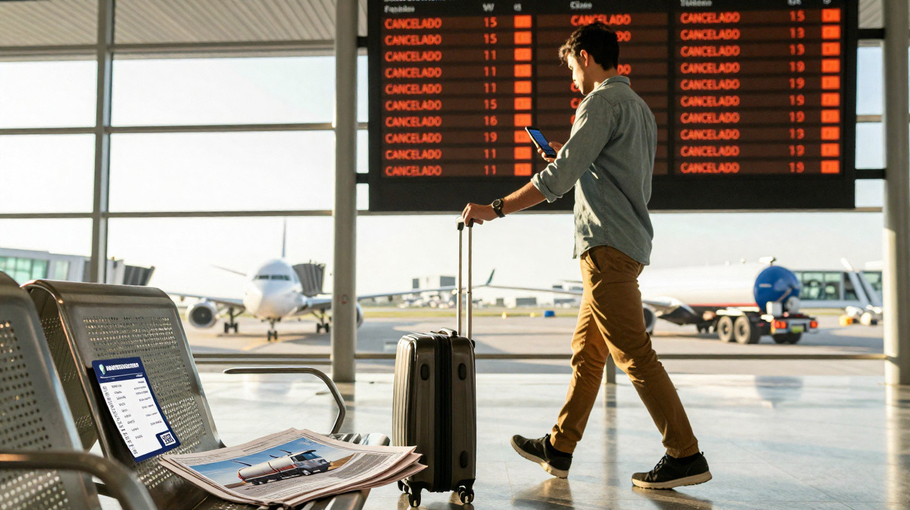 Junger Mann mit Rollkoffer am Flughafen vor Anzeigetafel mit zahlreichen gestrichenen Flügen.