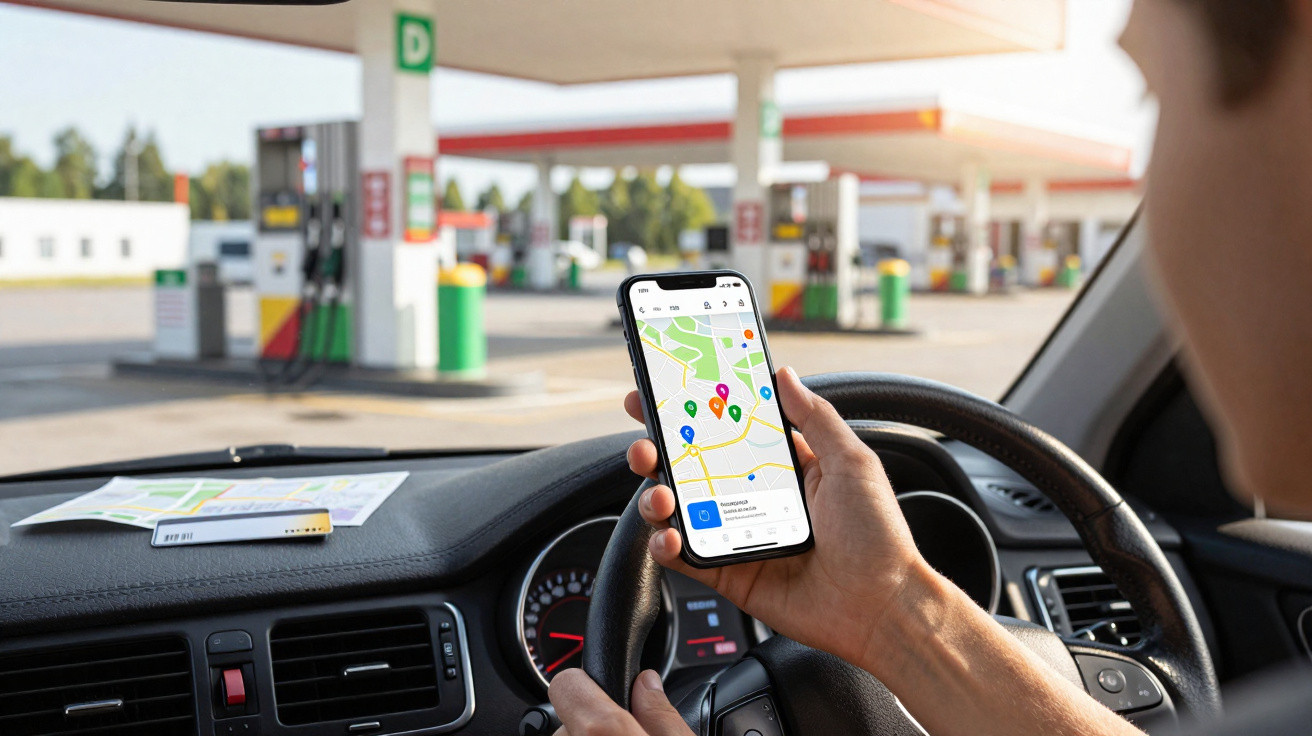 Person im Auto hält Handy mit Navigations-App an einer Tankstelle in der Hand.