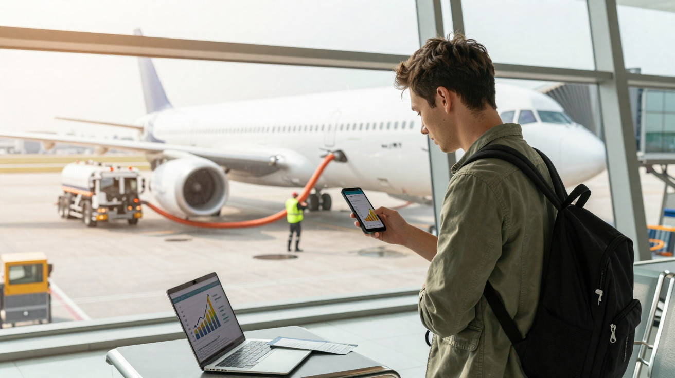 Junger Mann mit Rucksack nutzt Smartphone am Flughafen mit Flugzeug und Laptop im Hintergrund.