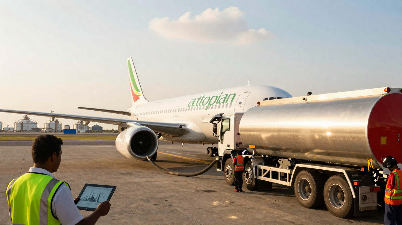 Personen tanken einen Attopian-Passagierjet auf dem Flughafen mit Hilfe eines Tanklastwagens.