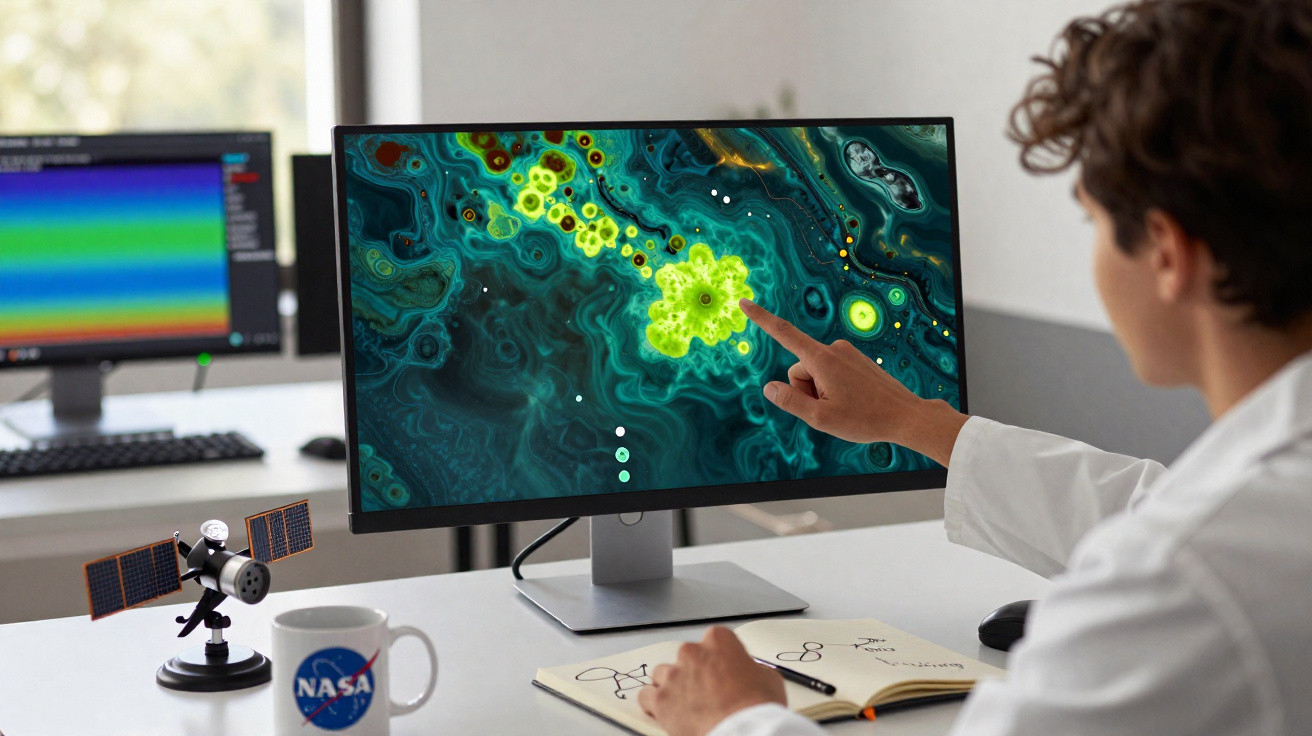 Person analysiert visuelle Daten auf Monitor, Schreibtisch mit NASA-Tasse und Satellitenmodell sichtbar.