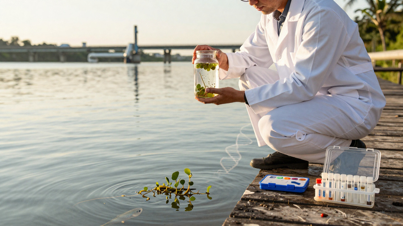 Wissenschaftler im weißen Kittel entnimmt Wasserprobe vom See zum Umwelttest auf Holzsteg mit Testkits.