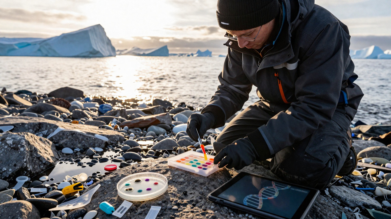 Wissenschaftler untersucht Proben an felsiger Küste mit Eisbergen im Hintergrund, digitale DNA-Darstellung auf Tablet.