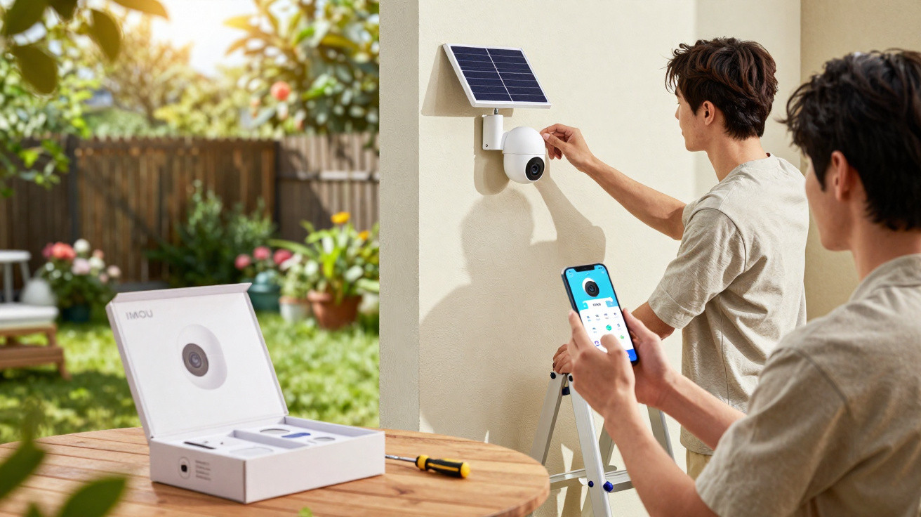 Zwei Männer installieren im Garten eine Solar-Überwachungskamera und steuern sie mit einem Smartphone.
