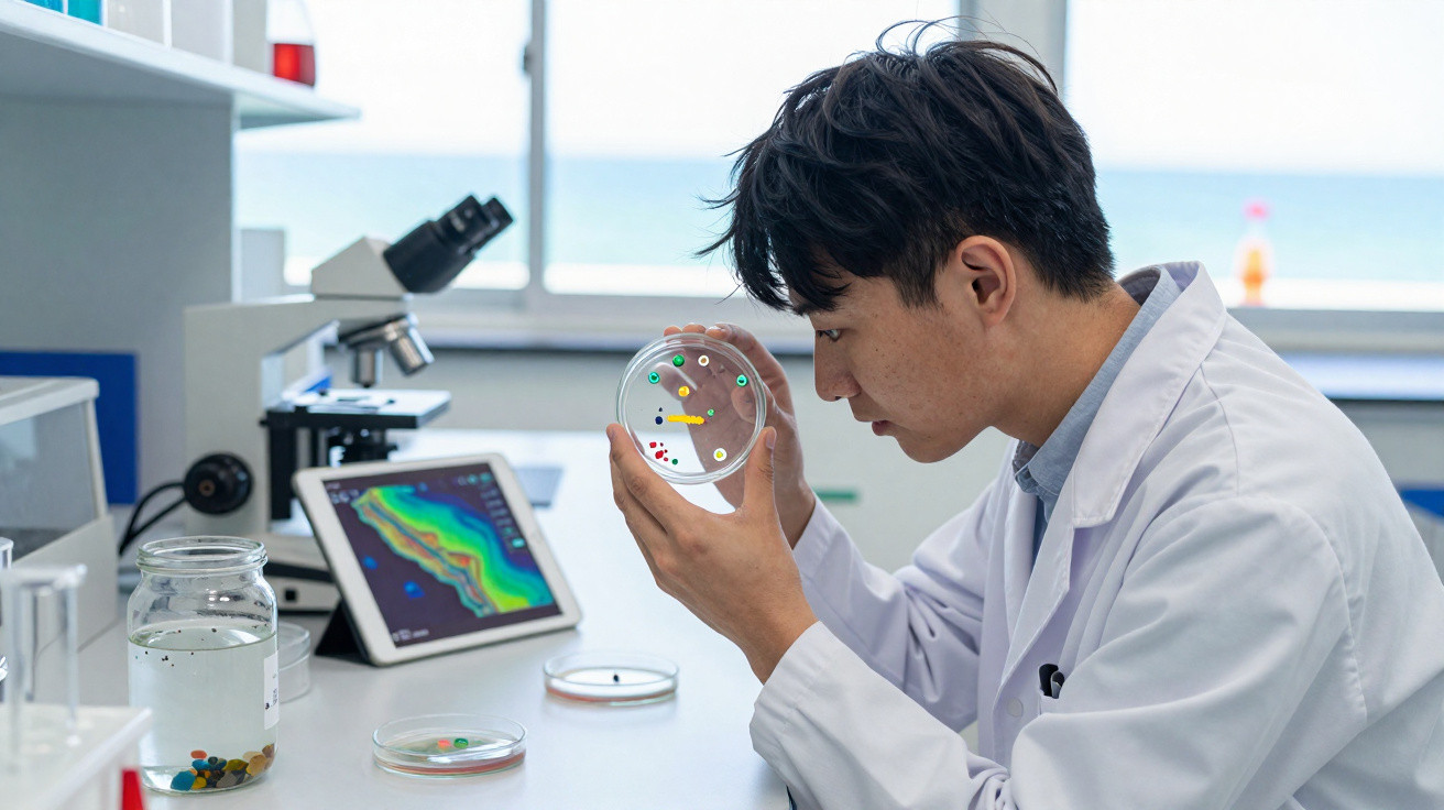 Wissenschaftler im Labor untersucht Petrischale mit bunten Bakterienkolonien bei Mikroskop und Tablet.