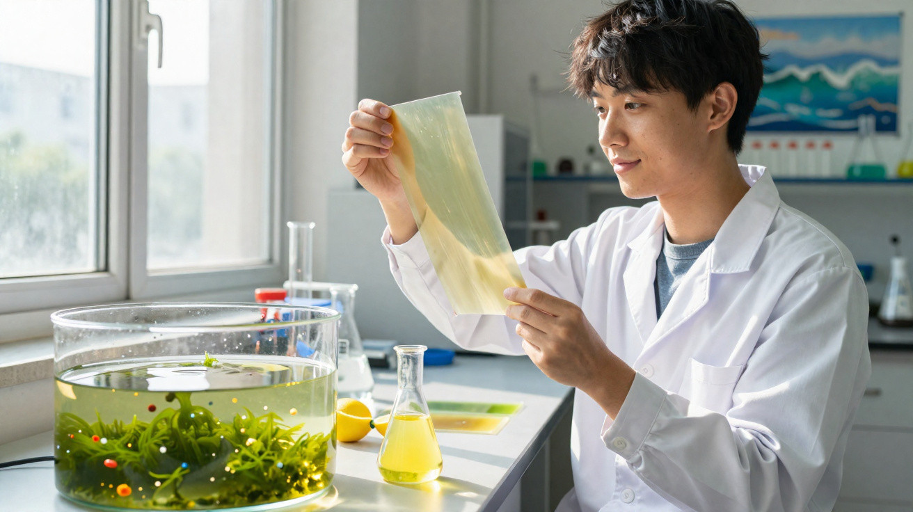 Junger Wissenschaftler im Labor untersucht transparente Folie neben Aquarium mit Wasserpflanzen.