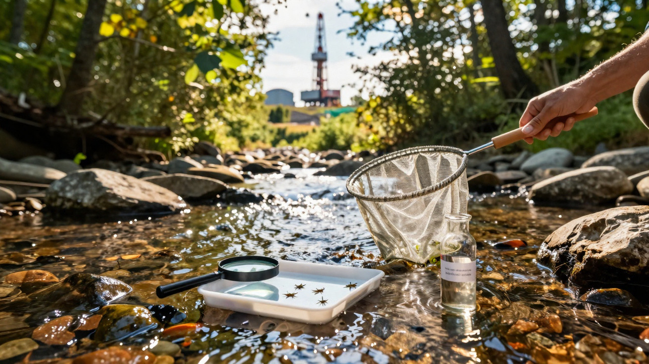 Hand mit Kescher über klarem Bach, Sammelbehälter mit Wasserproben und Lupe auf Steinen im Flussbett, im Hintergrund Bäume un