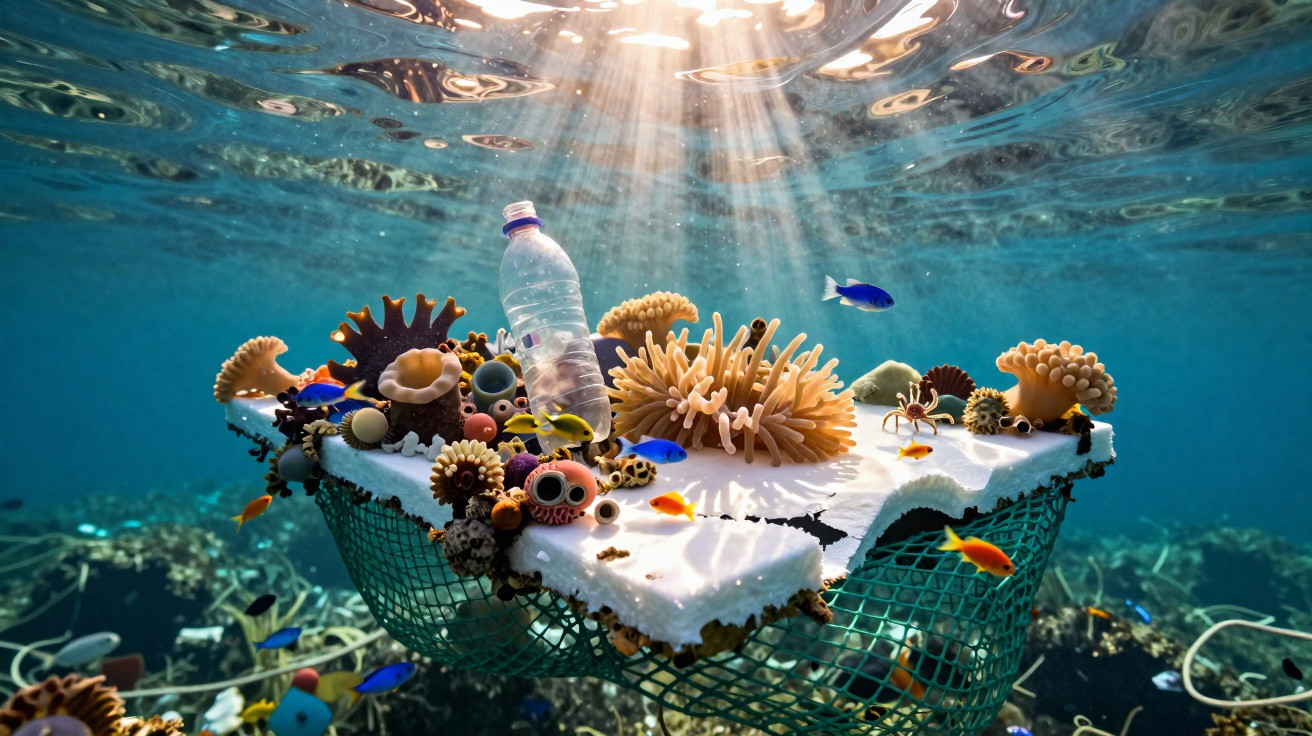 Plastikflasche und Müll unter Wasser mit Korallen und bunten Fischen, Sonnenstrahlen durch Wasseroberfläche.