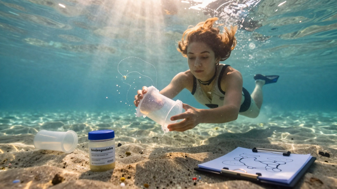 Junge Frau taucht unter Wasser und sammelt Proben in Bechern vor Sandboden mit Klemmbrett.