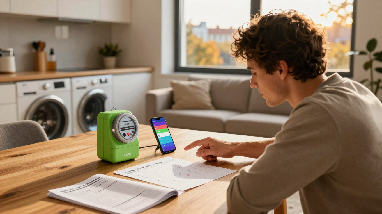 Junger Mann sitzt am Holztisch und nutzt Smart Meter und Smartphone zur Energieüberwachung in der Wohnung.