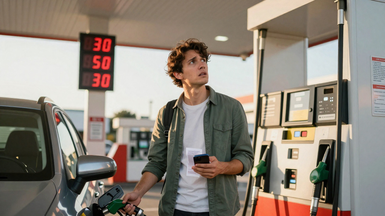 Junger Mann tankt Auto an Zapfsäule und schaut auf Preisanzeige an Tankstelle.