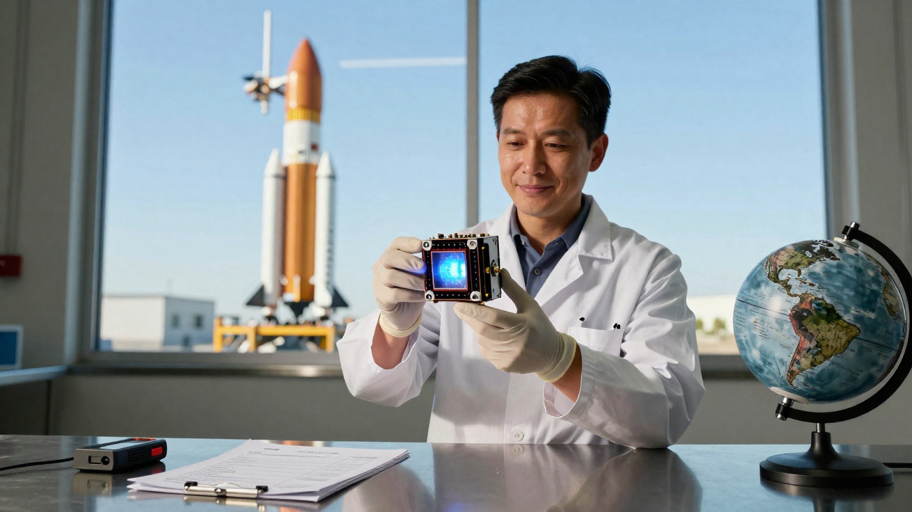Wissenschaftler im Labor hält kleines Satellitenmodell, Raketenmodell und Globus im Hintergrund sichtbar.