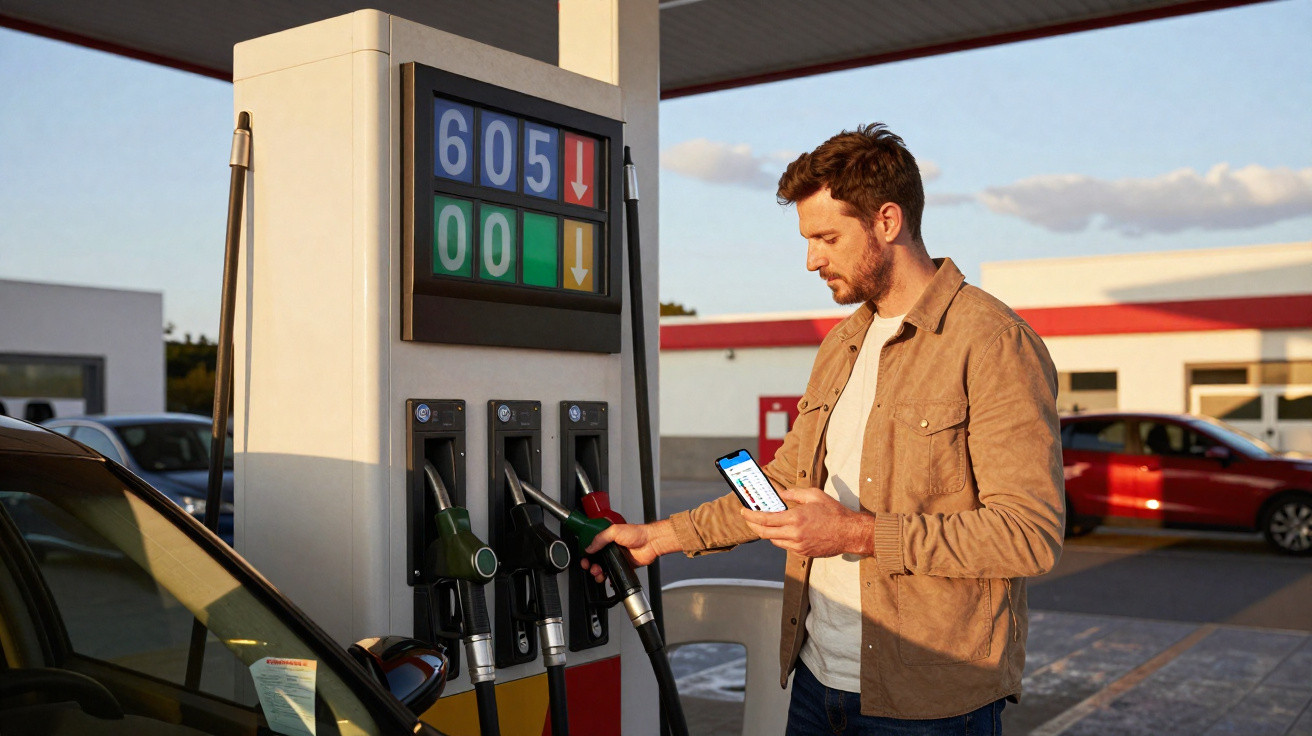 Mann tankt Auto an Zapfsäule und hält Handy in der Hand an einer Tankstelle im Freien.