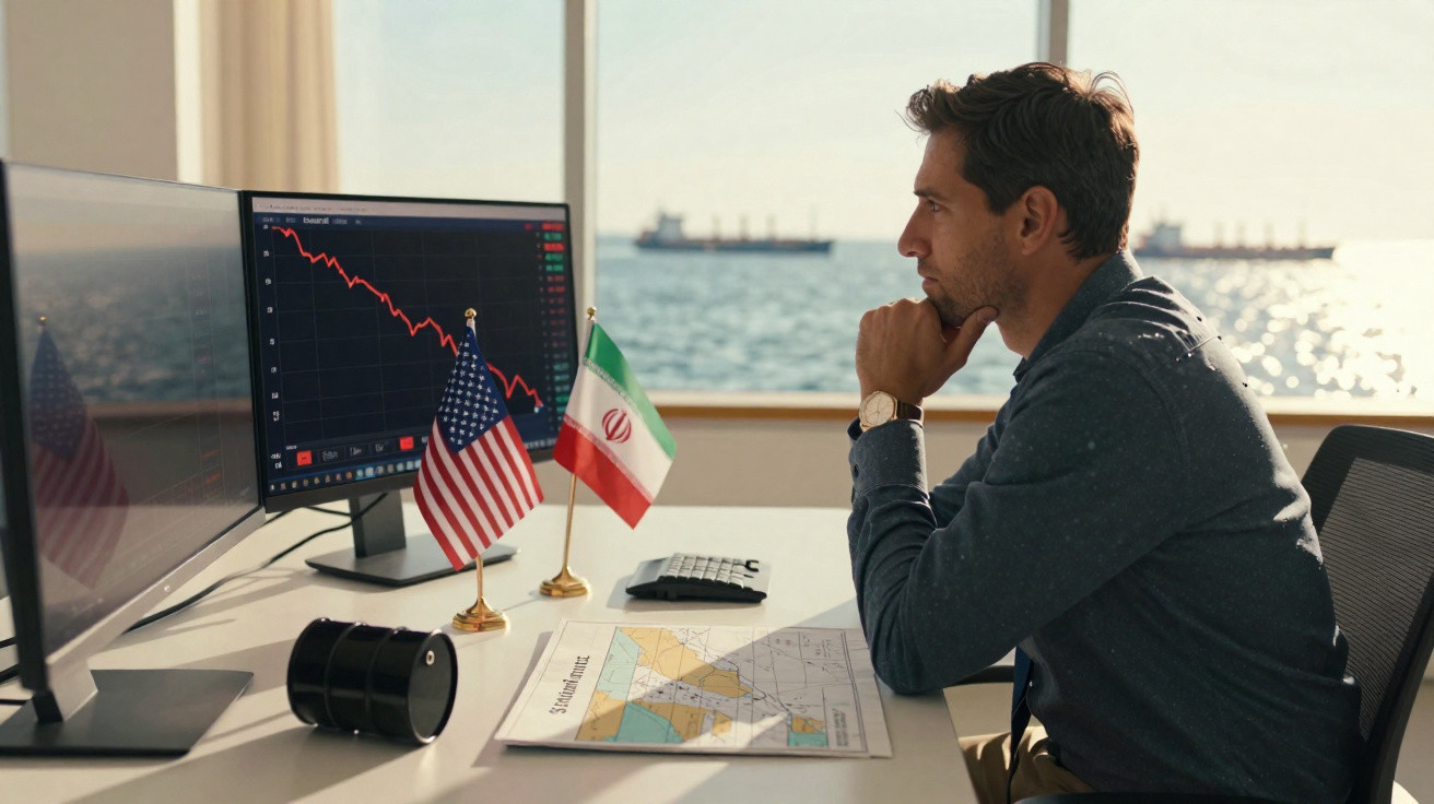 Mann am Schreibtisch mit US- und Iran-Flaggen beobachtet sinkenden Börsenkurs auf Monitor vor Meerblick.