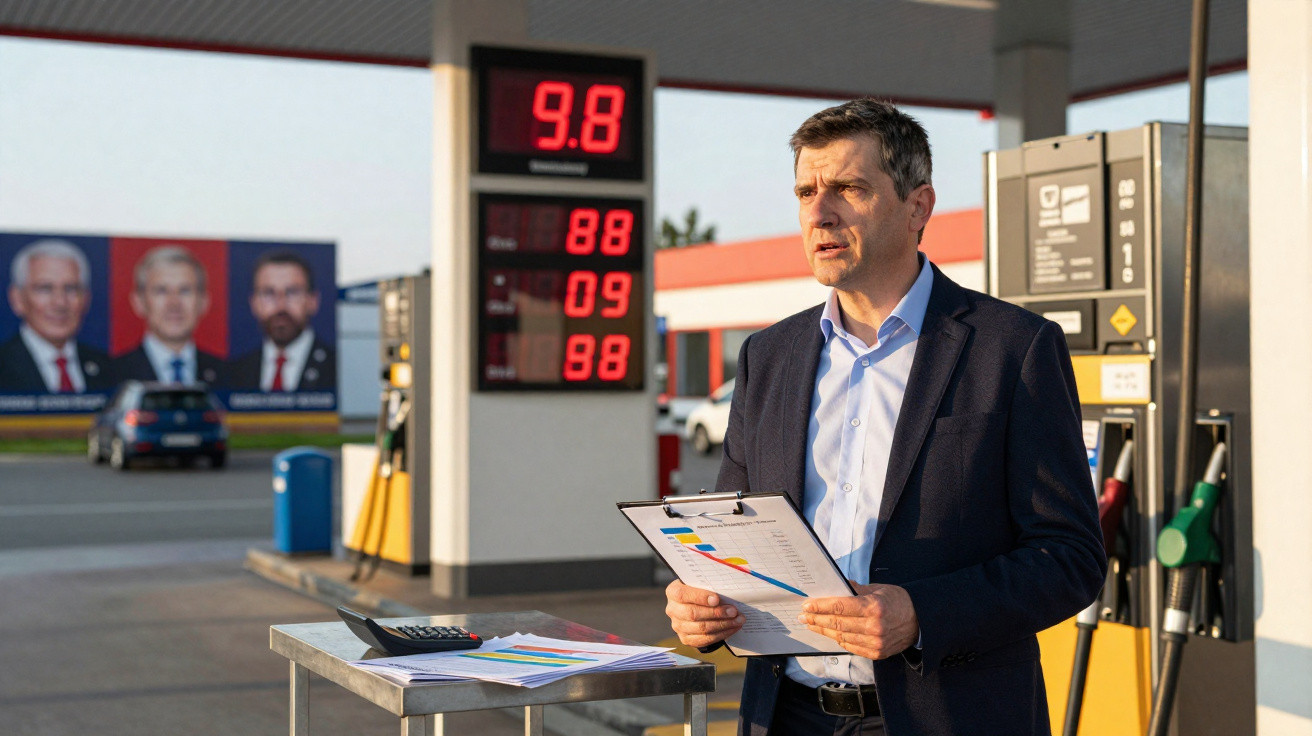 Mann in Anzug steht an einer Tankstelle mit Preistafel und hält ein Klemmbrett, neben ihm ein Tisch mit Papieren.