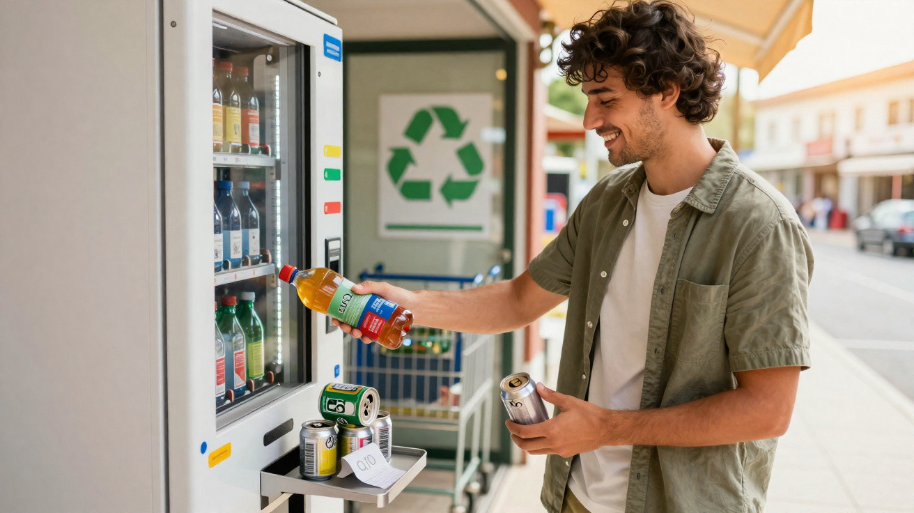 Junger Mann gibt Plastikflasche und Dosen in einen Pfandautomaten vor einem Recycling-Symbol ab.