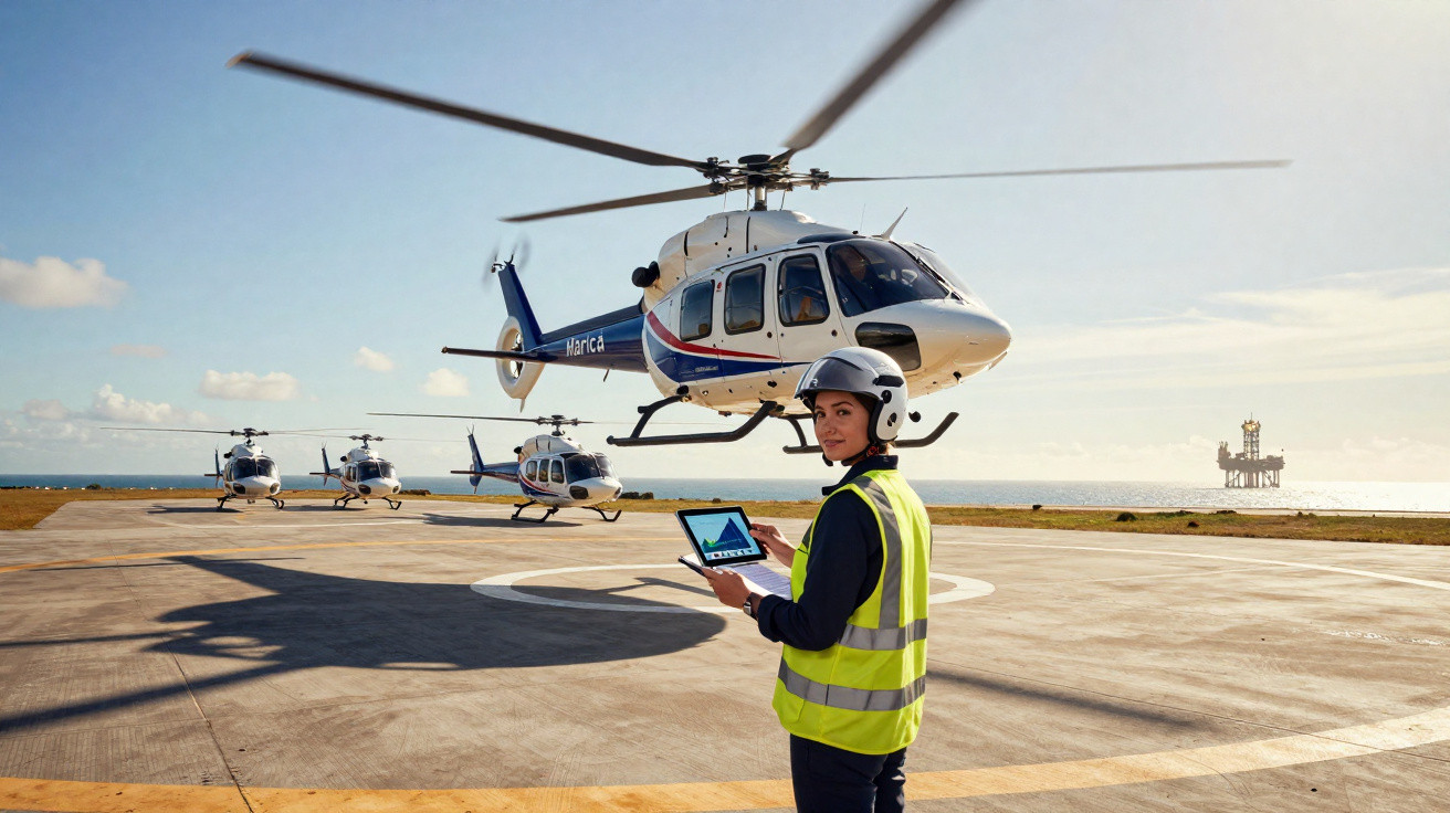 Frau mit Helm und Warnweste steuert Helikopter auf einem Hubschrauberlandeplatz am Meer per Tablet.