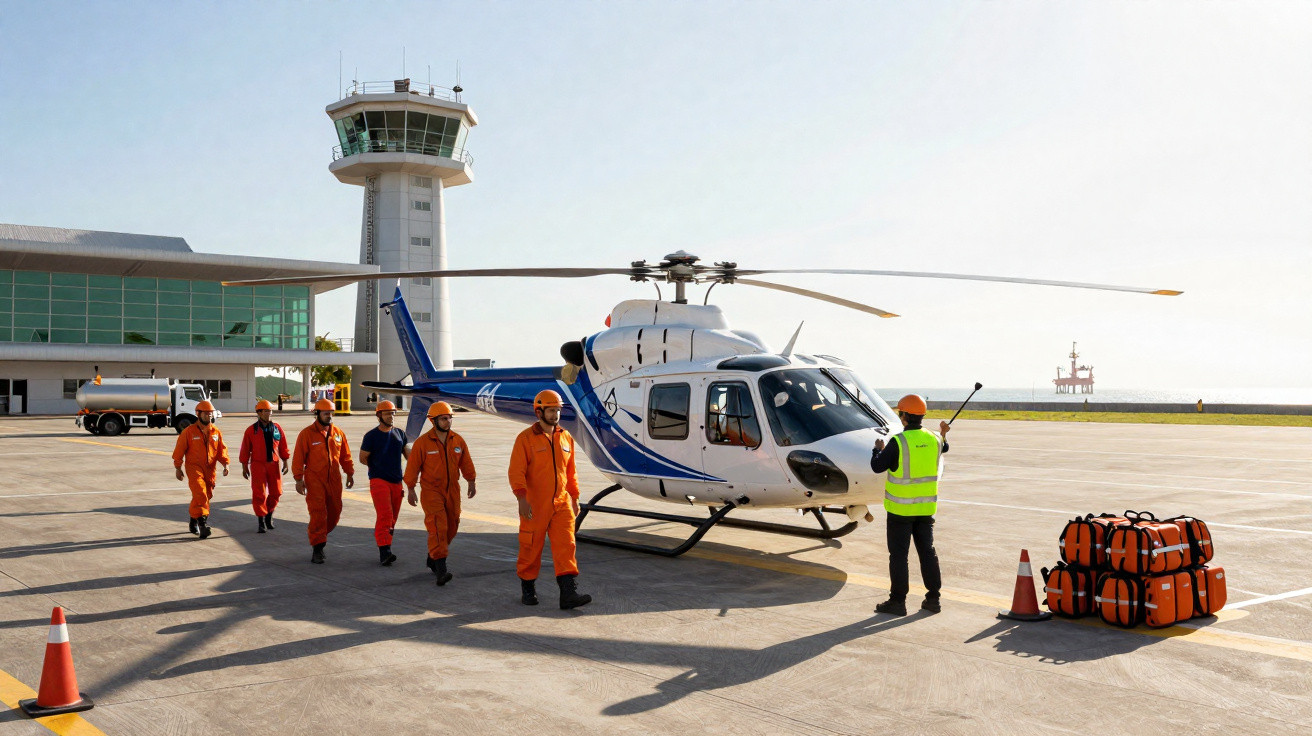 Hubschrauber auf Landebahn mit Crew in orangener Schutzkleidung und Kontrollpersonal vor Kontrollturm bei klarem Wetter.