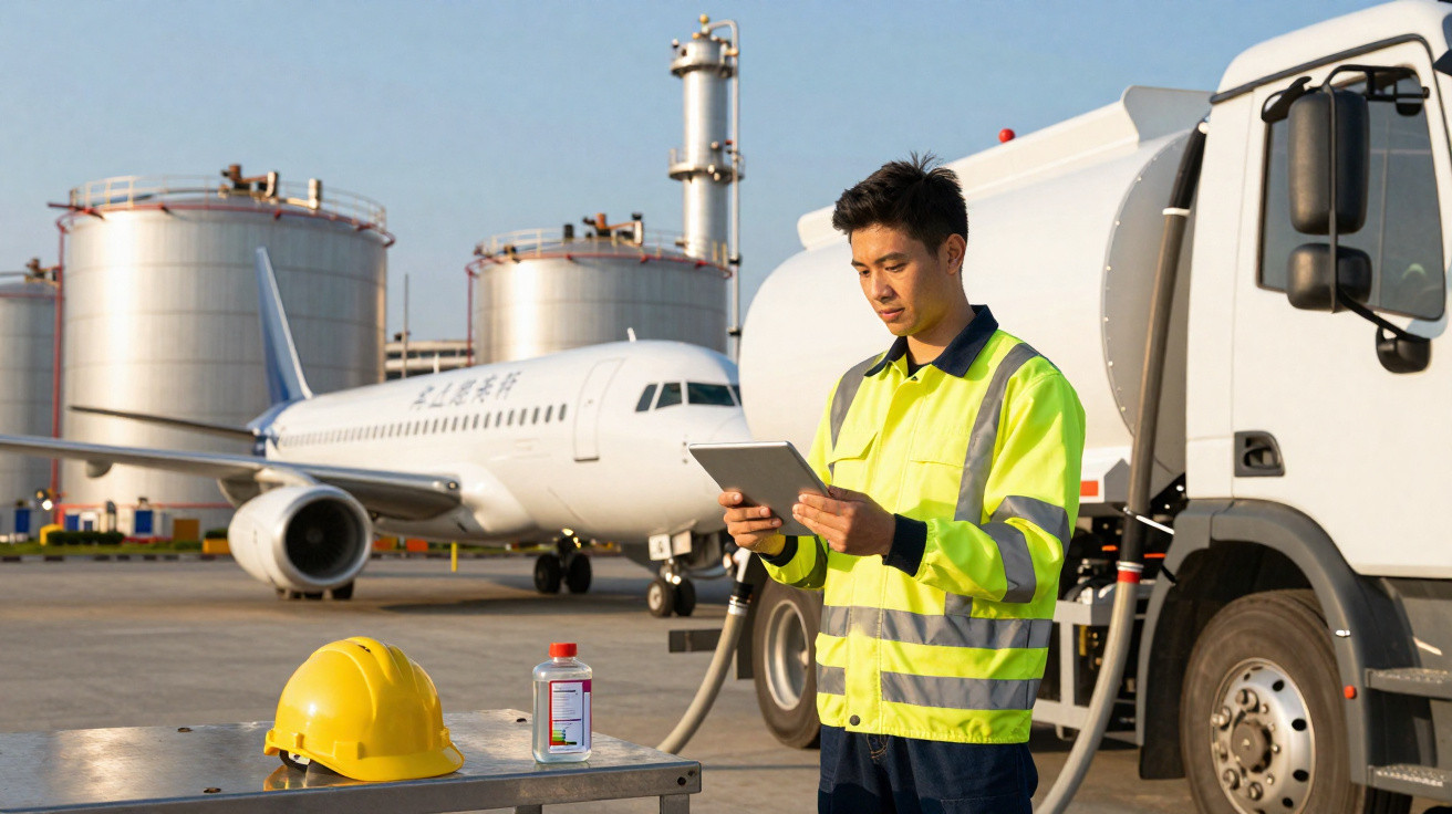 Mann in Warnjacke bedient Tablet neben Tanklastwagen, Flugzeug und Industrieanlagen im Hintergrund.