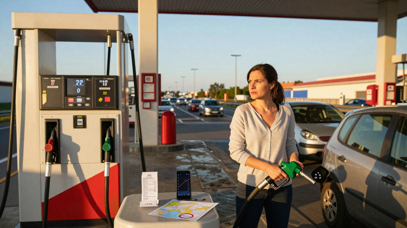 Frau steht mit Zapfpistole an Tankstelle, Karte und Smartphone auf Tisch, wartende Autos im Hintergrund.