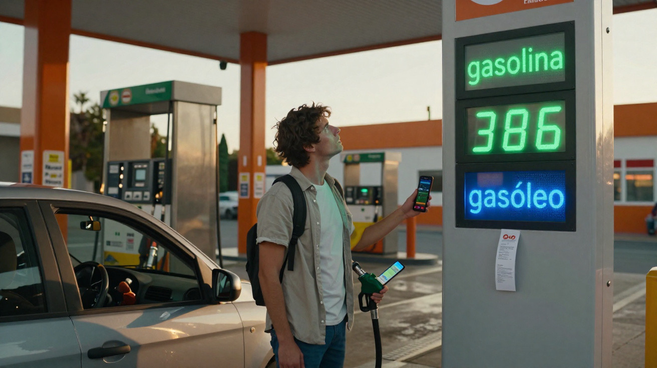 Junger Mann betankt Auto an Tankstelle und schaut auf Preisanzeige für Benzin und Diesel.