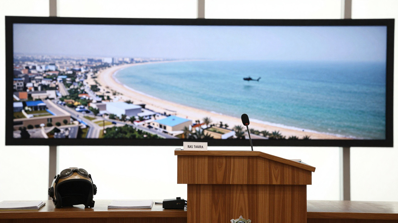 Rednerpult mit Mikrofon und Helm, im Hintergrund großes Panorama eines Strandes mit Helikopter über dem Meer.