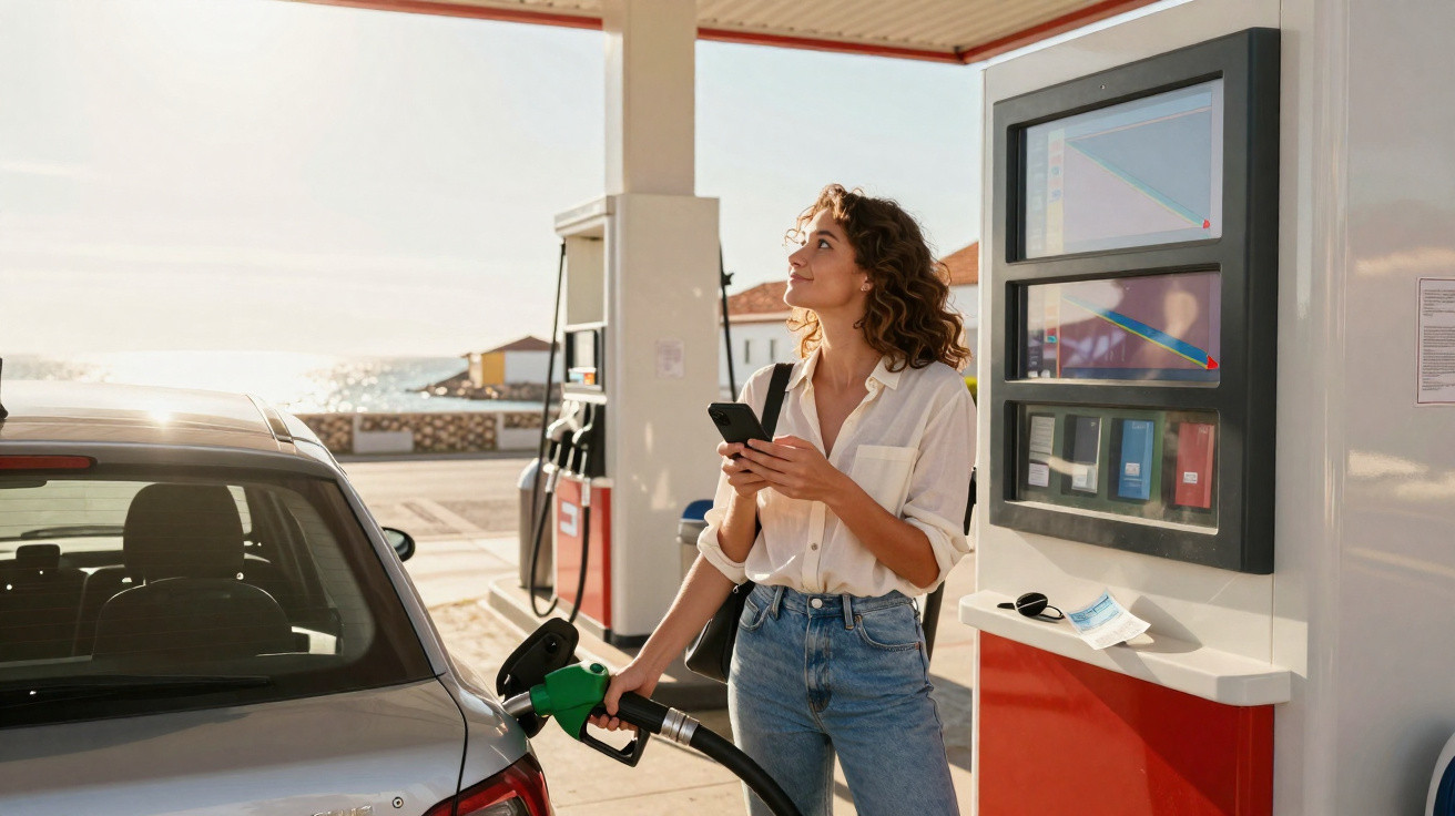 Frau tankt Auto an einer Tankstelle und schaut nach oben, während sie ihr Smartphone hält.