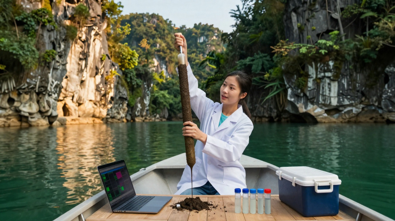 Wissenschaftlerin im weißen Kittel entnimmt Sedimentprobe auf einem Boot in mit Felsen umgebenem See.