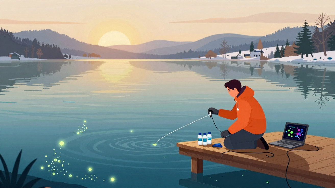 Mann in orangener Jacke sitzt an einem Steg und untersucht bei Sonnenuntergang einen See mit Laptop und Messgeräten.