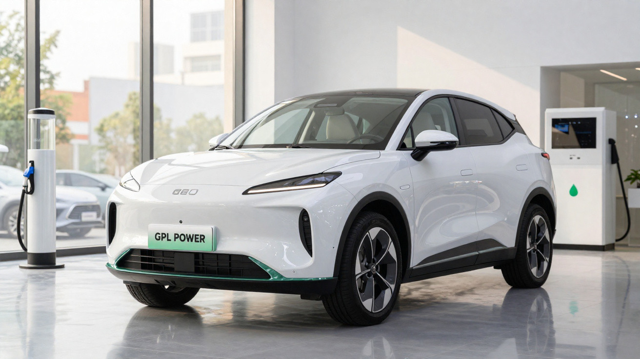 Weißes Elektroauto steht in heller, moderner Ladestation mit zwei Ladestationen im Hintergrund.