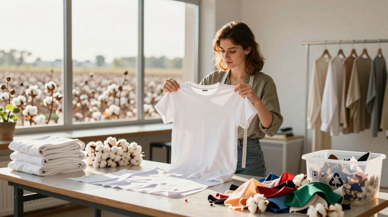 Frau hält weißes T-Shirt in heller Schneiderei mit Baumwollfeld im Hintergrund und Stoffmustern auf Tisch.