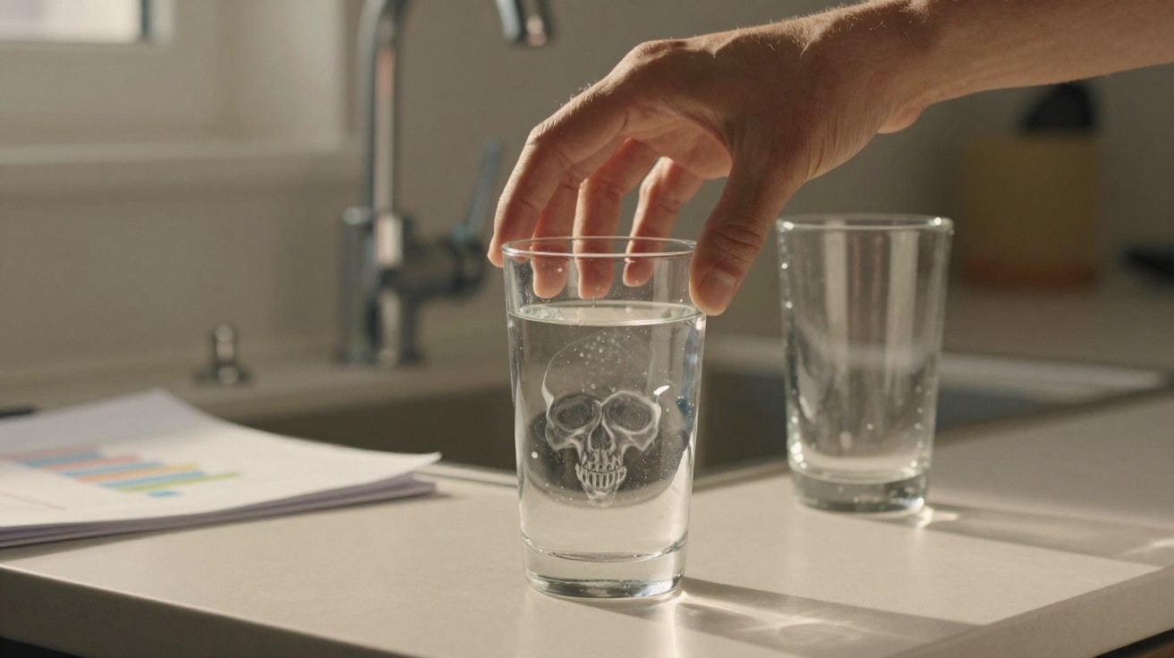 Hand greift nach Wasserglas mit Totenkopfmotiv auf weißer Küchenarbeitsplatte neben leerem Glas und Papieren.