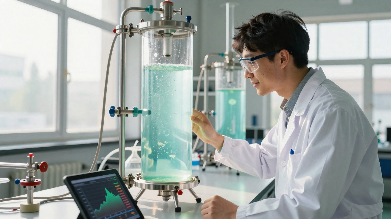Wissenschaftler im Labor untersucht Flüssigkeit in großem Glasbehälter mit Schutzbrille und weißem Kittel.