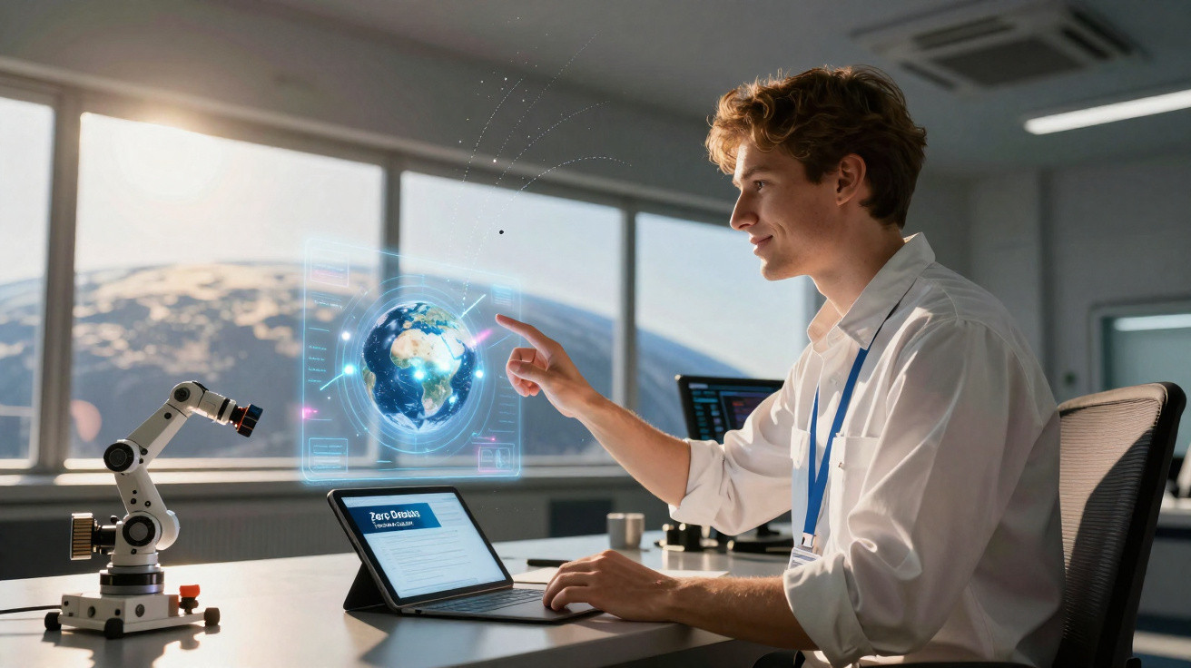 Junger Mann im Labor nutzt holographische Technologie zur Anzeige der Erde neben Roboterarm und Laptop.