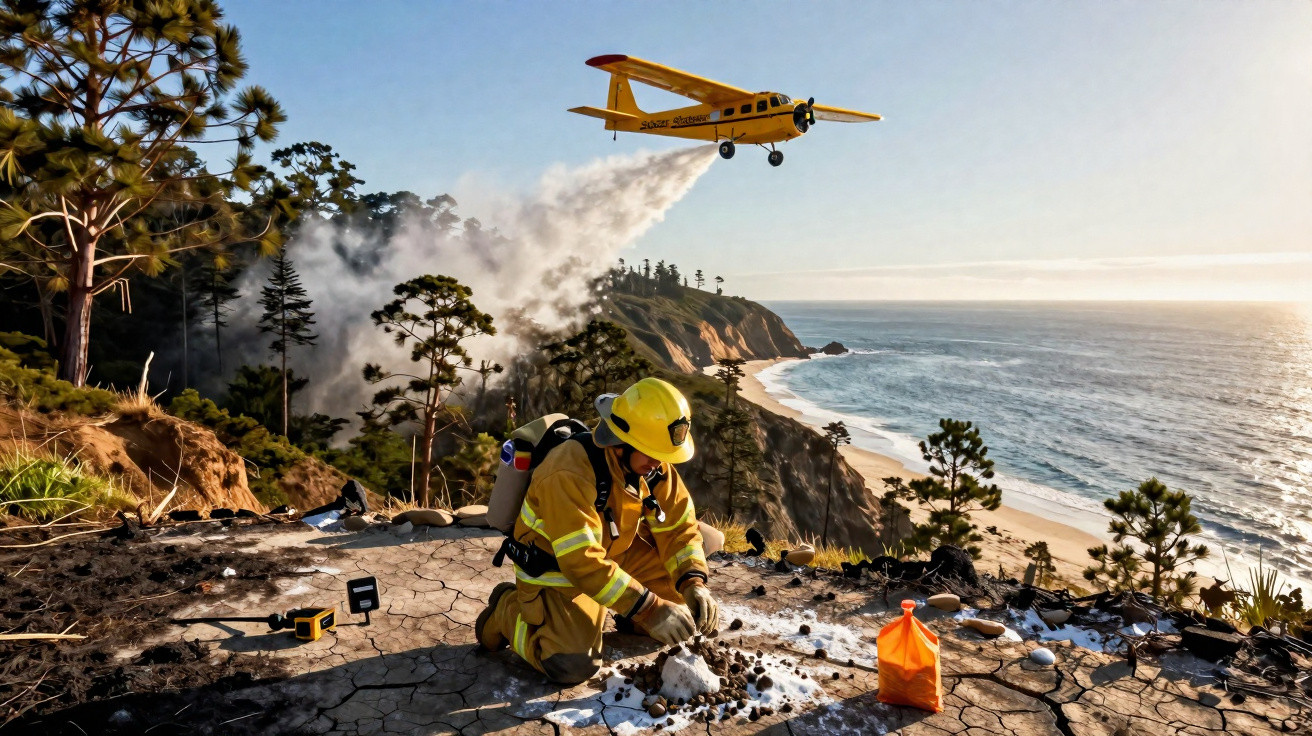 Feuerwehrmann löscht Waldbrand am Küstenhang, Löschflugzeug wirft Wasser aus der Luft ab.