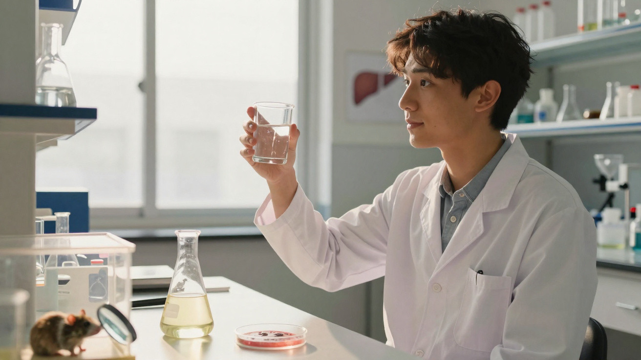 Junger Wissenschaftler im weißen Kittel untersucht im Labor ein Glas mit klarem Wasser.