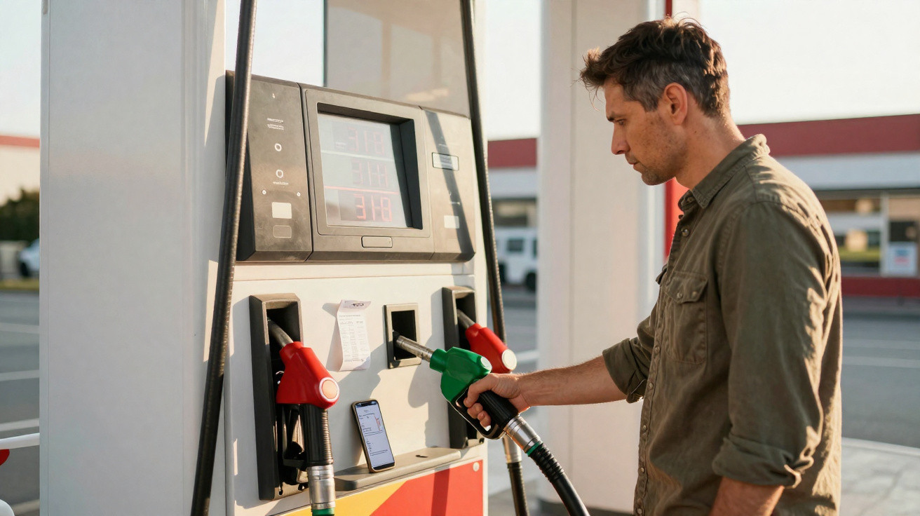Mann betankt Auto an Zapfsäule mit grünem Zapfhahn an Tankstelle bei Tageslicht.