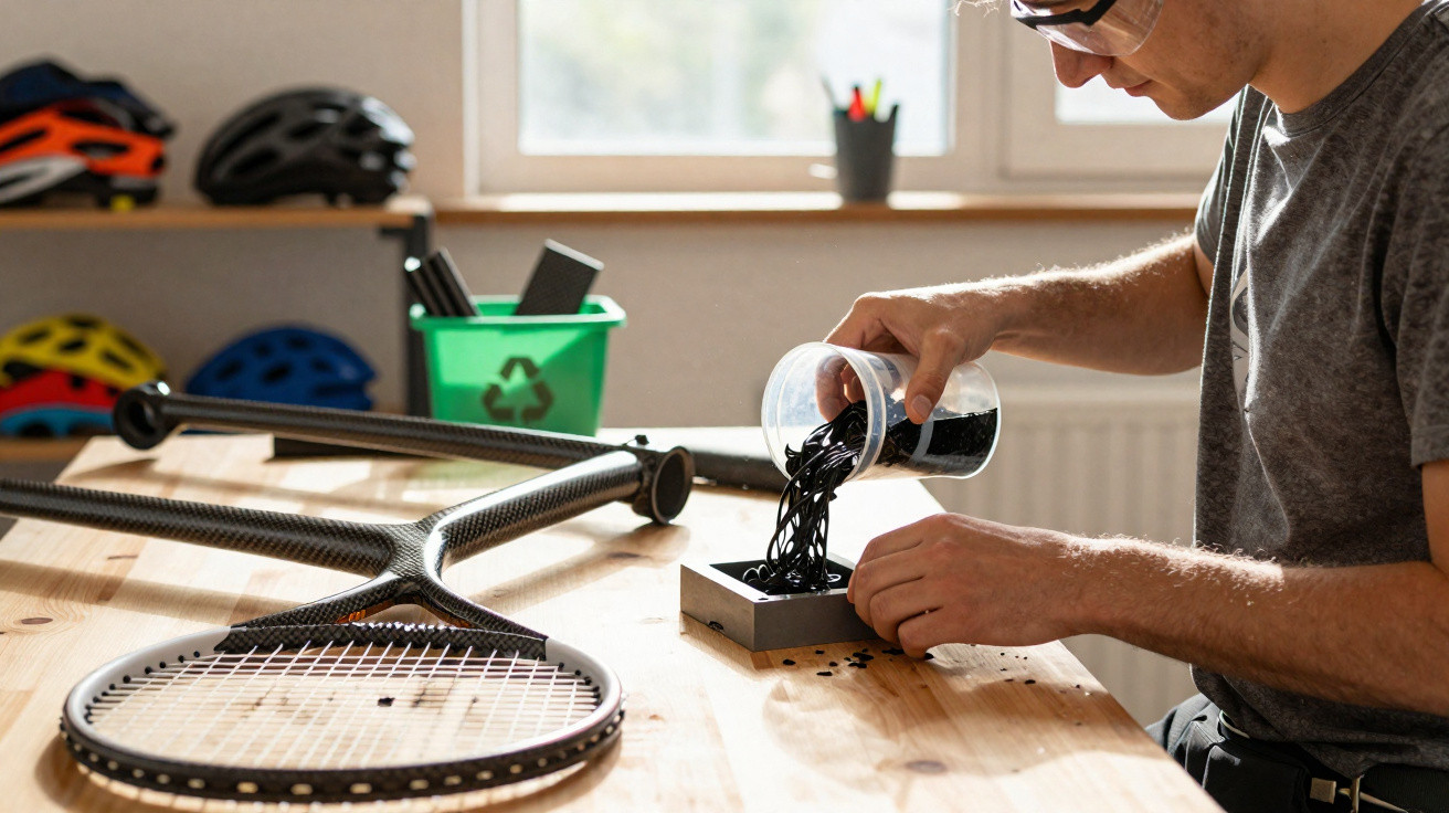 Person gießt Kunststoffgranulat in eine Form, mit Tennis- und Fahrradhelmen im Hintergrund auf dem Tisch.