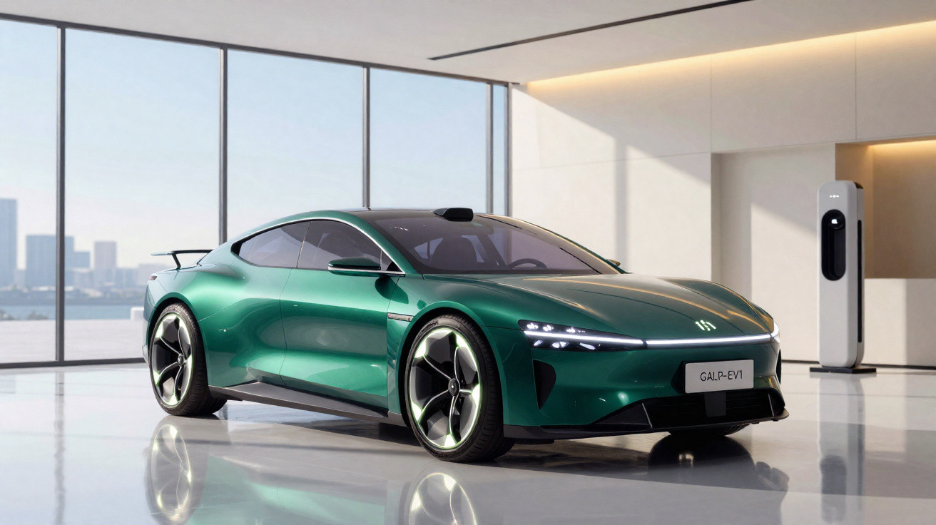 Grünes futuristisches Elektroauto steht in modernem Raum neben Ladestation vor großen Fenstern.
