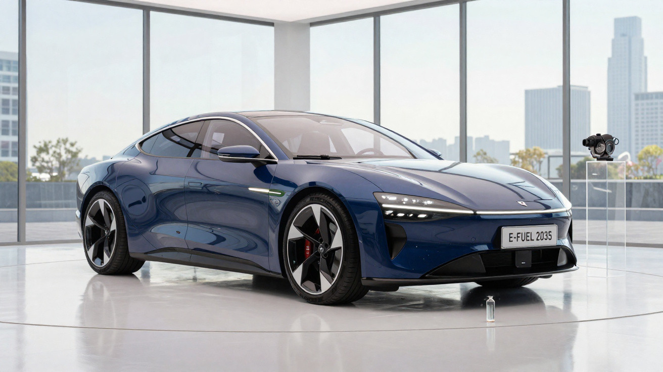 Blaues Elektroauto mit Nummernschild „E-FUEL 2035“ in moderner Ausstellungshalle vor großen Fenstern.