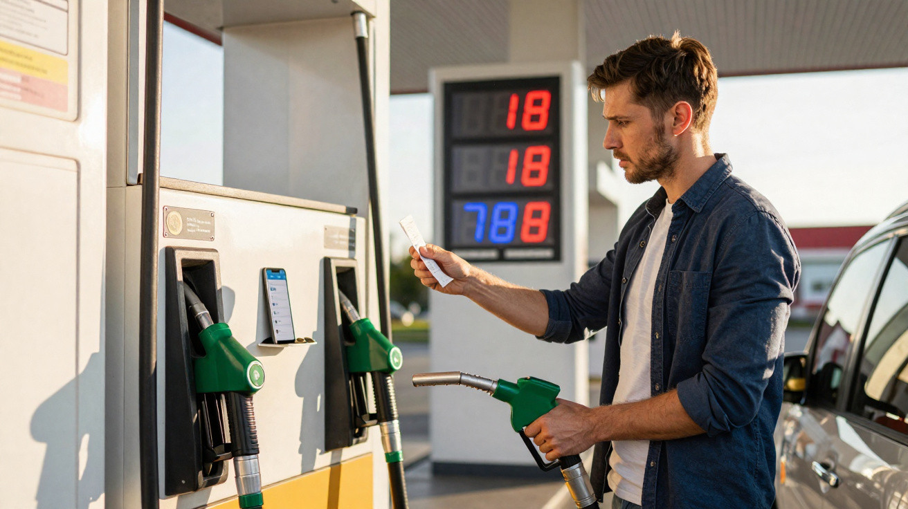 Mann an Tankstelle hält Zapfpistole und prüft Kassenzettel vor einer Zapfsäule mit grünen Düsen.