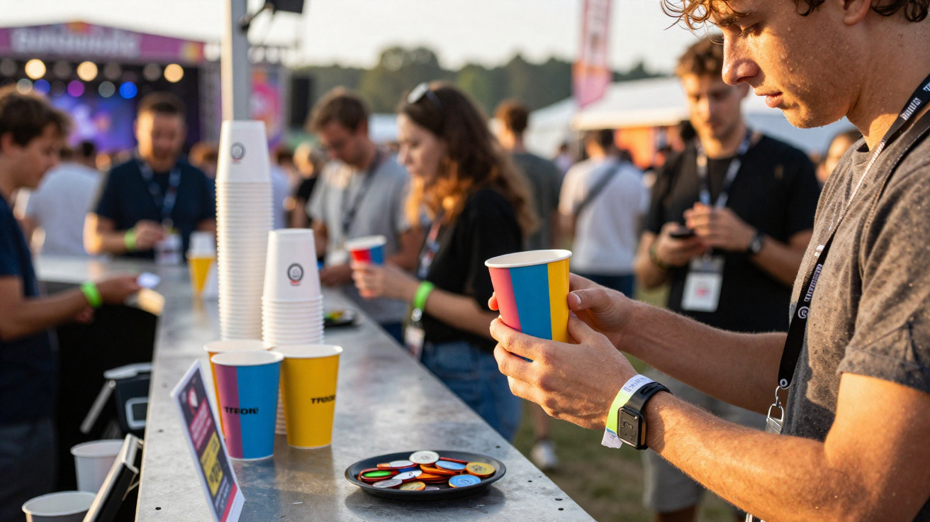 Menschen mit Festivalarmbändern stehen an einem Getränkestand im Freien bei Sonnenschein.