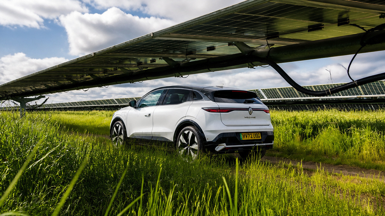 Weißes Elektroauto steht auf Feldweg unter großen Solarpanelen in grasreicher Landschaft.