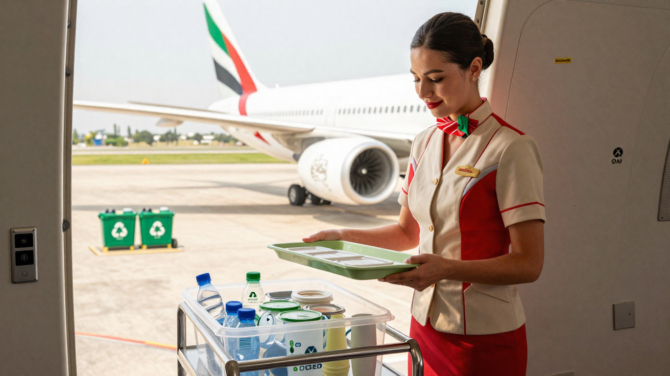 Flugbegleiterin mit Drinkwagen im Flugzeuggang, im Hintergrund Flugzeug mit Emirates-Logo am Boden.