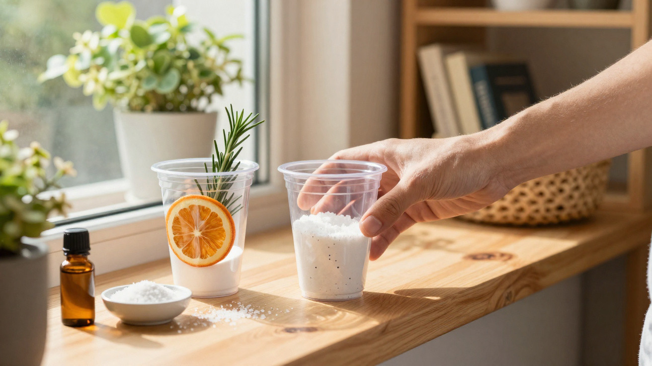 Hand greift durchsichtigen Becher mit Badesalz auf einem sonnigen Holzfensterbrett mit Pflanzen und ätherischem Öl.