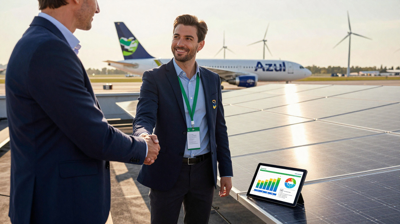 Zwei Männer schütteln Hände vor Solarpaneelen mit Flugzeug und Laptop mit Diagrammen im Hintergrund.